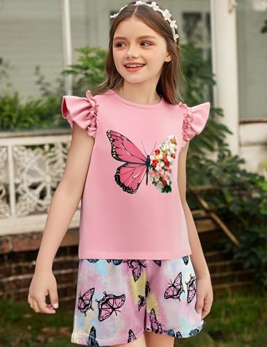 Image of mksodop Girls outfits 2-Piece ruffled short sleeve butterfly floral print high waist floral shorts girls summer clothes