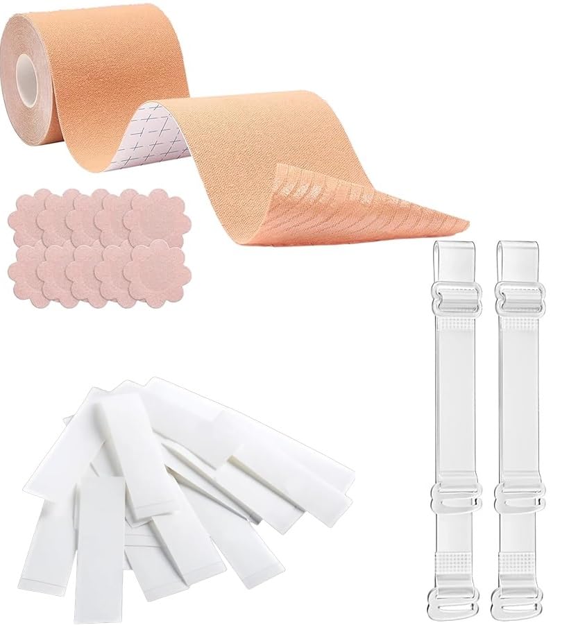 tapahpriyay 1pair Women's Adjustable Transparent Silicone Bra Straps1 Pair Breast Tape Breast Lift for Strapless Dress Nipple Tape for Women 72pcs fashion tap (transprant Straps +72pcs fashion tap+bob tap)-picture-33