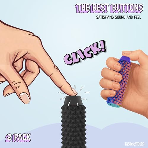 Image of Distractibles Spike Roller Clicker, Tactile Pain Stim Fidget with Clicker Switch, Pain Stimulation Roller with Lanyard (Black + NEON Harmony)