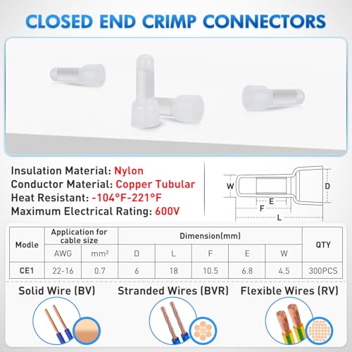 Image of Nilight 300PCS CE1 Closed End Crimp Terminal 22-16 Gauge Nylon Insulated Closed End Wire Cap Wire Connectors Crimp Cap Terminals Connectors for Automotive Car Truck Boats Marine Electrical Wiring