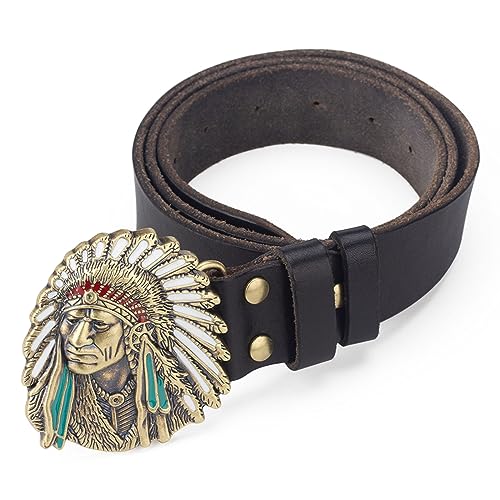 Mens Belt Leather, Cowboy Western Belts for Men, with 3D Native American Head Pattern Buckle Vintage Embossed Belt2