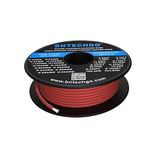 BNTECHGO Bobina de alambre de silicona de calibre 12 de 50 pies rojo flexible de 12 AWG trenzado alambre de cobre estañado