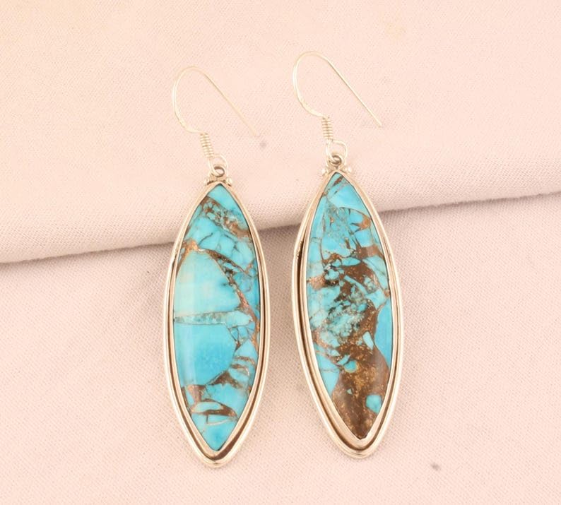 Boucles d'oreilles turquoise naturelle pendante argent 925 marquise