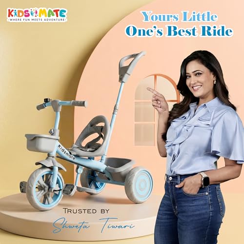 Image of Kidsmate Junior Tricycle for Kids with Parental Control | Cycle for Kids 1-4 Years | Baby Cycle | Bicycle with Storage Basket, Cushion Seat and Seat Belt Carrying Capacity 30 Kgs (Blue-Grey)
