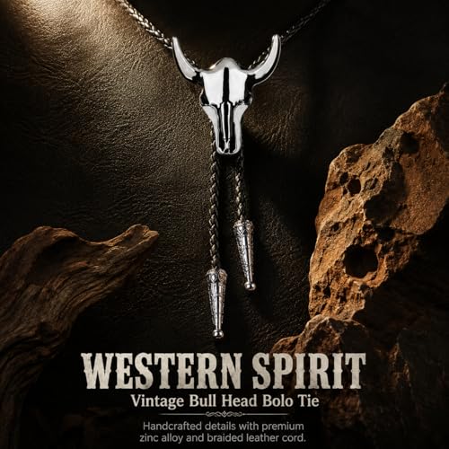 Image of Cowboy Bolo Tie for Men, Vintage Cow Skull Bolo Tie Necklace Native American Necktie for Men Women
