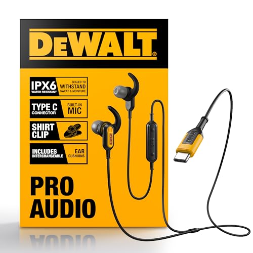 DEWALT Heavy Duty Jobsite USB C Headphones for iPad/iPhone 17/16/15 Pro Max, Corded Type C Earphones USBC Ear Buds Wired w/Microphone Volume Control Module, Compatible w/MacBook Samsung S23 Ultra