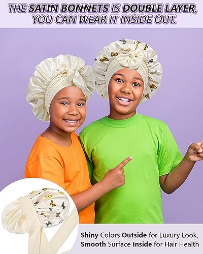 Satin Bonnet for Kids Silk Bonnets for Sleeping Curly Hair Bonnet with Elastic Tie Band Double Layer Sleep Cap for Girls Boys 3-7 Years (Beige + Butterfly)2