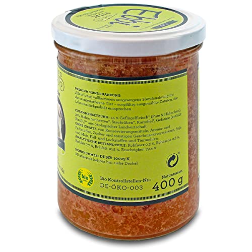 Bio Hundefutter Vital/Ebbi mit Geflügelfleisch, Hähnchenherzen, Steckrüben und Kartoffeln Inhalt: 400g Hundenahrung im wiederverschließbarem Glas (2 x 400g)
