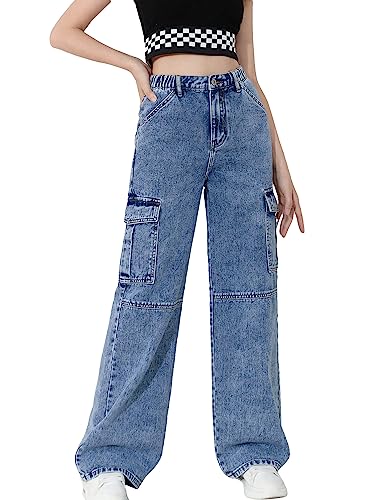 WDIRARA Girl's High Waisted Button Wide Leg Cargo Jeans Denim Pants with Pockets