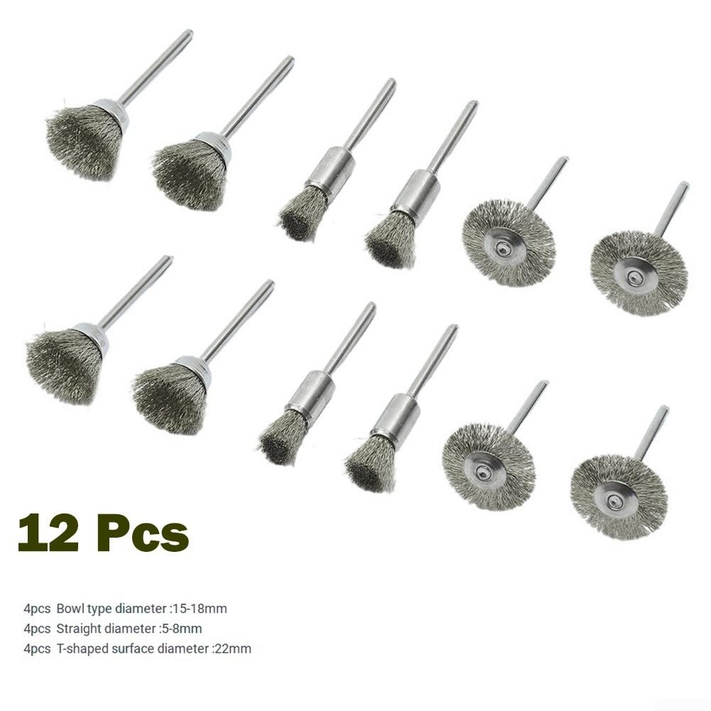 12Pcs/Set Wire Brushes Kit, Bowl Type 15Mm Straight Type 8Mm T Type 22Mm, Rotary Tool Accessories for Metal for Cleaning, Derusting, Grinding, Dusting, Deburring, Polishing, Stripping