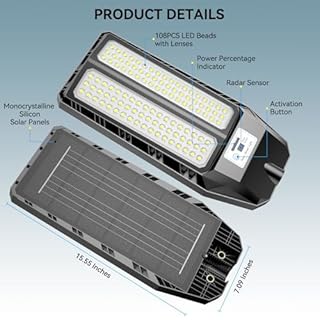 VOOJOY Solar Street Lights Outdoor, 7000K Solar Light Outdoor LED Street Light Dusk to Dawn, LED Wide Angle Lamp with Motion Sensor and Remote Control, for Parking Lot, Yard, 5000W, 2 Pack