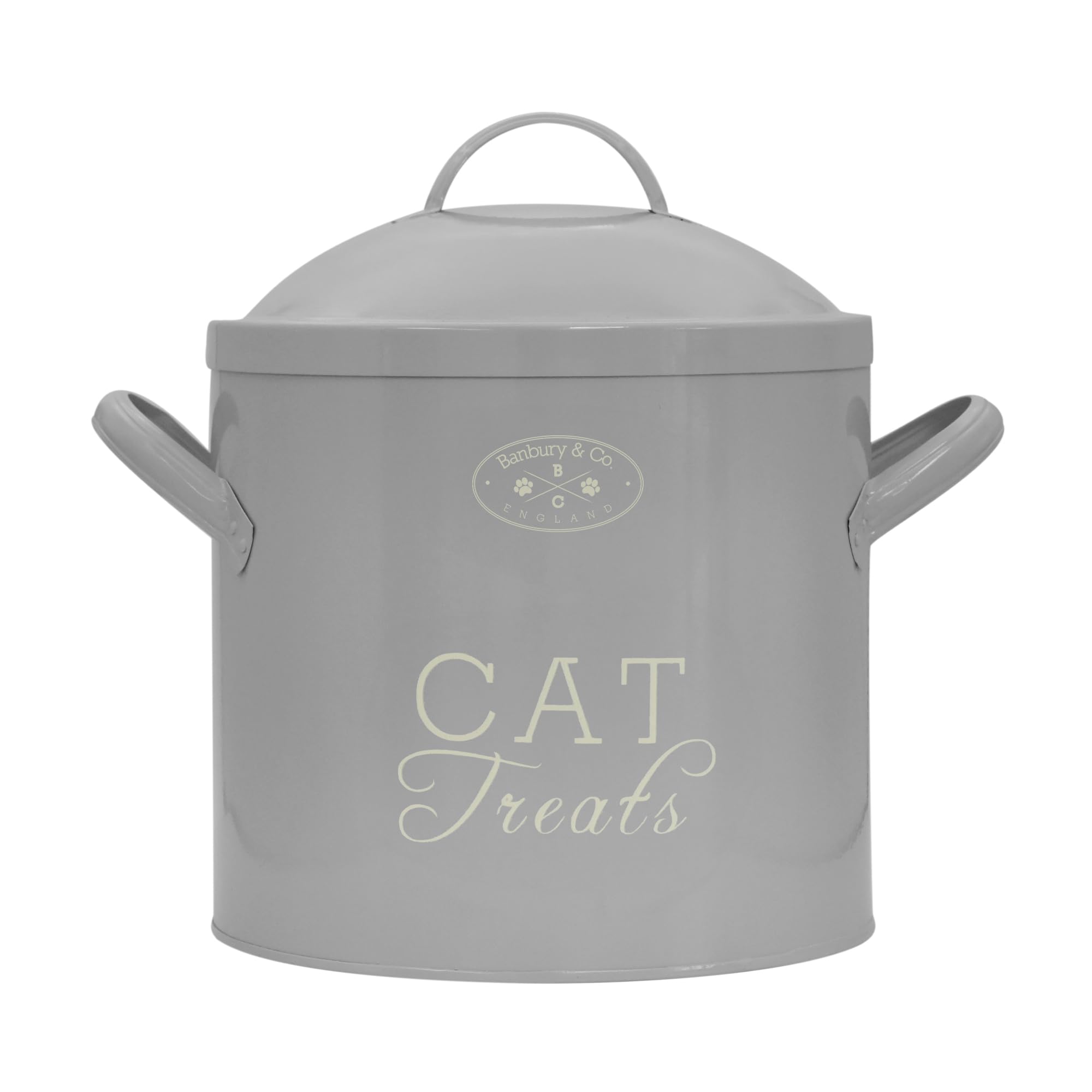 Banbury & Co Cat Metal Pet Food Storage Container, Metal Treat Biscuit Tin for Cats with Airtight Lid, Easy Clean Non-Toxic Large Portable Food Dispenser Bin for Dry Cat Foods with Side Handles | Grey