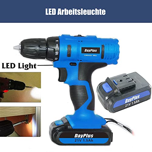 Akkuschrauber 21V mit 1 Akku, Akku-Schlagbohrschrauber set mit 2-Gang & LED-Arbeitslicht – Schnellladegerät – 18+1… – Bild 6