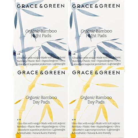 Grace & Green - Bamboo Mixed Sanitary Pads - with Wings - 100% Organic, Biodegradable Bamboo - Individually Wrapped - Free from Plastic - 36x Pads Cover