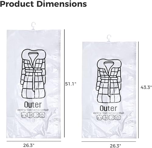 Miniatura 5 de Outgeek Bolsas colgantes de almacenamiento al vacío, bolsas selladoras al vacío para ropa, juego de 4 (2 largas, 2 cortas), bolsas de almacenamiento
