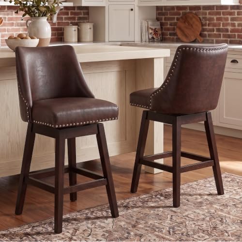 Butacos Altura Barra Set de 2, Butacos Giratorios Modernos de Media Centuria con Espalda y Patas de Madera, Tapizados en Poliuretano para Bar en Casa/Comedor/Restaurante, Color Chocolate miniatura 1