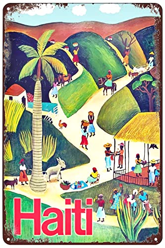Plaques en métal vintage Haïti, affiche de voyage vintage, village haïtien, marché, cocotier, plaque murale décorative pour maison, bar, café, club, bureau, hôtel, boutique, garage, salon, 14 x 20 cm