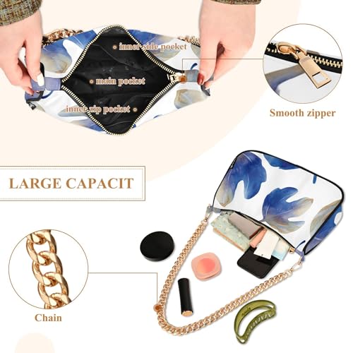 Watercolor Blue Fig Leaves White Handbag Medium Womens Aesthetic Shoulder Bag Crossbody Purse Zipper Closure Chain Strap4