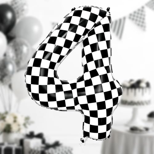 Image of KatchOn Checkered Number 4 Balloon for 4th Birthday Decorations - 40 Inch