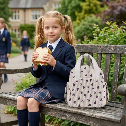 Easozoom Insulated Corduroy Lunch Bag for Teen Girl Kid Women, Large Lunch Box, Reusable Portable Leakproof Lunchbox for School Travel Office Picnic (Flower Purple) — view 5