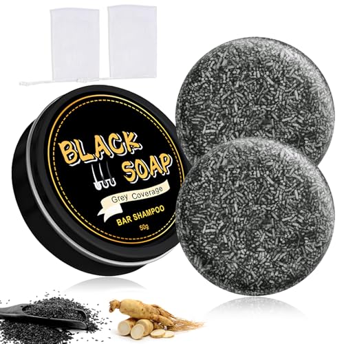 Atsy Gray Hair Bar SoapNatural Black Soap for Gray Hair Coverage Darkening Shampoo Bar with Ginseng & Black Sesame Vegan Moisturizing & Scalp Care for Men Women (2PCS)
