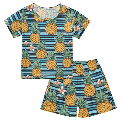 ALAZA Pineapples Flower Stripe Pajama Set Short Sleeve Sleepwear Soft Lounge Nightwear