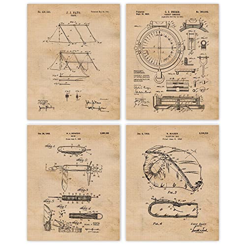 Classic Tenting Instruments Patent Prints, 4 (8×10) Unframed Picture, Wall Artwork Decor Presents Below 20 for Residence Workplace Storage Man Cave Lake Seashore River Cabin Looking Fishing Mountaineering Trekking Outside Fan
