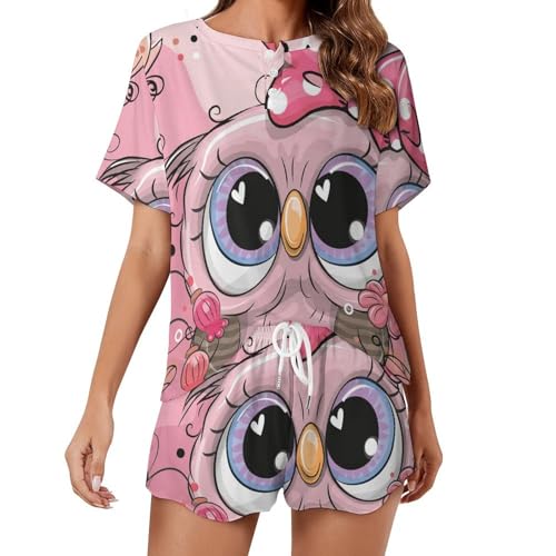 Pyjama femme Chouette Rose à manches courtes : ensemble de nuit fluide pour l'été