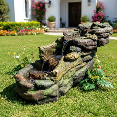 Image of SunJet Cascading Rock Outdoor Water Fountain with LED Lights - 39 inch Length Resin Stone Look Garden Waterfall Fountain, Freestanding Floor Fountain with UL Certified Pump for Patio Backyard Yard Decor