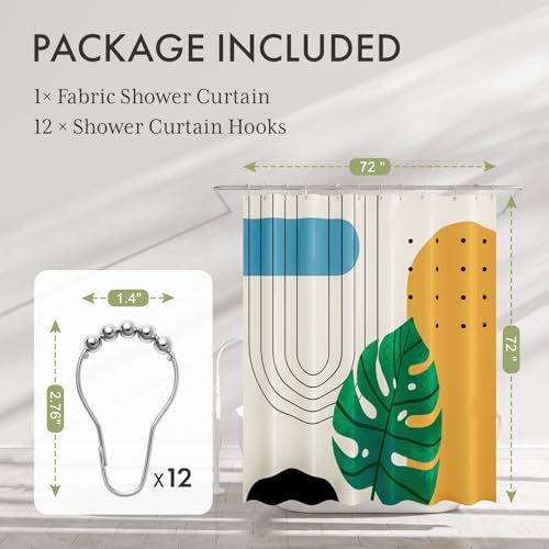 Image of AmazerBath Boho Shower Curtain, Beige and Brown Abstract Cloth Shower Curtain with 12 Metal Hooks, Luxury Washable Farmhouse Polyester Fabric Bathroom Green Leaf Shower Curtain Set, 72x72 Inches