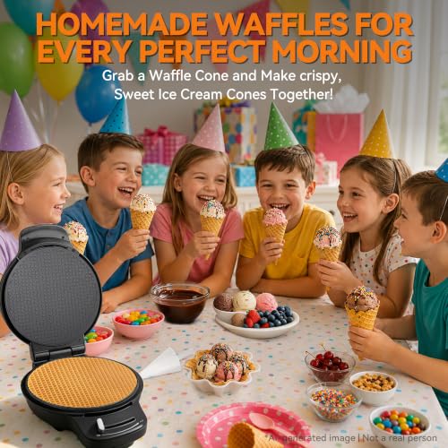 Image of Baker's Friend Waffle Cone Maker Machine with Browning Control, 7.5 inch Ice Cream Cone Maker, Cone Roller & Bowl Press Included,Thin Waffle Maker Crispy, Nonstick Waffle Bowl Maker,Graphite