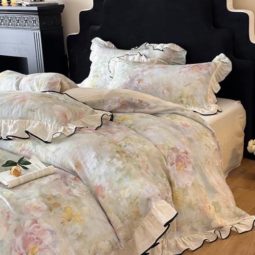 VM VOUGEMARKET White Ruffle Duvet Cover Set Twin for Girls Breathable Muslin Cotton Flower Duvet Cover Soft Linen Like Gauze Bedding Set-68x86 Inch