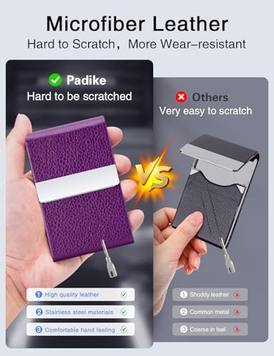 Image of Padike PU Leather Business Card Holder for Women Slim Pocket Business Name Card Holder Stainless Steel Business Card Case with Magnetic Shut (Purple)