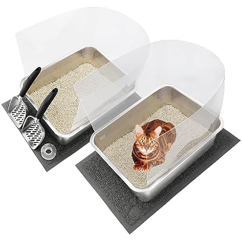 YUEPET 2 Sets Stainless Steel Cat Litter Box with High Sides, Durable Metal Cat Litter Basin Pan Easy to Clean Cat Litter Tray for Odor Control with Cat Litter Scoops Cat Litter Mats 17.5"x13.6"x6" Cover