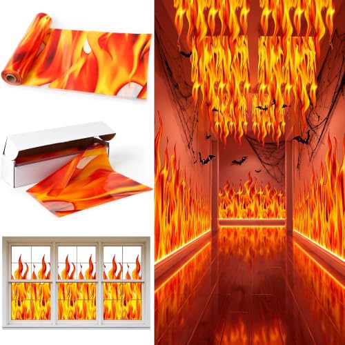 Image of Kochorie 100 Ft x 54 Inch Halloween Flame Party Tablecloth Roll with Cutter Box Waterproof Plastic Fake Fire Table Cover for Halloween Campfire Party Supplies Decorations