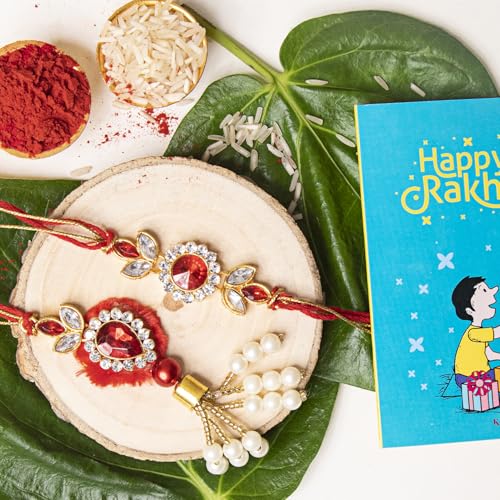 Image of Kaameri Bazaar Rakhi for Brother and Lumba for Bhabhi Hamper Gift Set with Chocokiss Cookies 75g, Trail Mix 35g, Choco Coated Almonds 35g, Roli Chawal, Greeting Card & Premium Gift Box for Raksha Bandhan