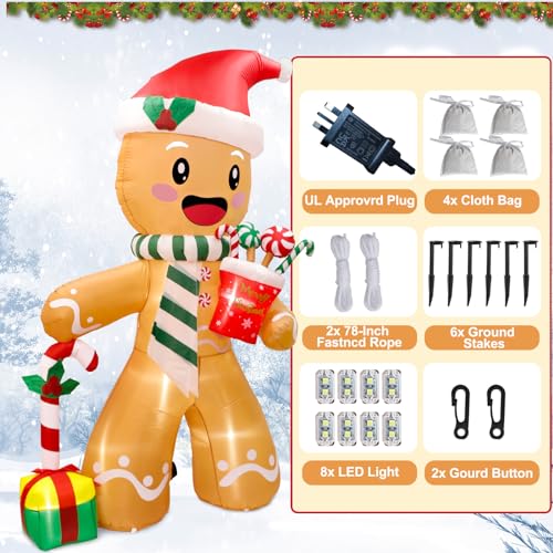 Fayavoo Décorations de Noël gonflables de 2,4 m en forme de bonhomme en pain d'épices avec 8 lumières LED, décorations de Noël gonflables pour extérieur, intérieur, pelouse, jardin – Image 4