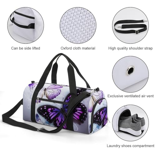 Gym Bags for Men Women White Purple Butterflies Duffle Bag Travel Overnight Bag with Shoe Compartment Tote Bags3