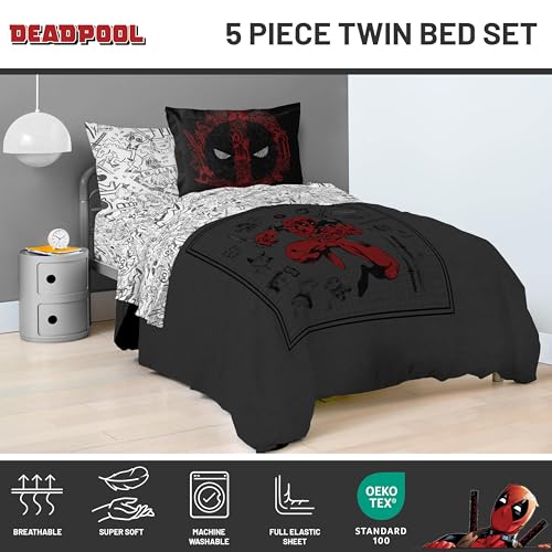 Image of Marvel Deadpool Twin Comforter Set 5 Piece Soft Bedding for Boys, Gray | Bed in a Bag, Comforter Sheets Sham Pillowcase, Official Product, Soft Microfiber, Machine Washable, Boys Gift