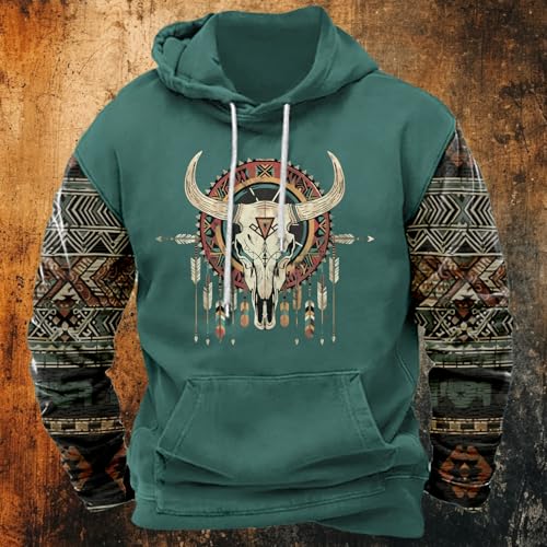 Western Hoodies Men Retro Aztec Sweatshirt Western Cow Skull Graphic Sweatshirts Casual Cowboy Hoodie Pullover Pocket2