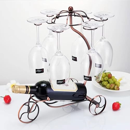 Miniatura 4 de MISFOTY Soporte para copas de vino, almacenamiento 6 copas 1 botella, soportes de exhibición de botellas de vino de bicicleta de metal bronce
