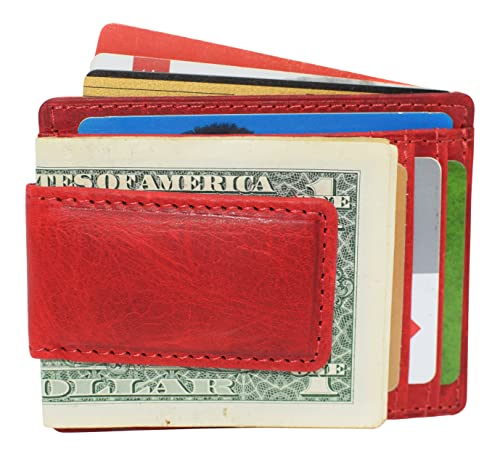 MARSHAL Genuine Hunter Leather Money Clip Front Pocket ID Wallet Strong Magnet (Red)4