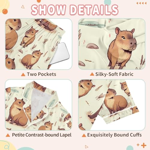 senya Capybara Friends Satin Summer Pajama Sets Silk Short Sleeve Button Down Sleepwear3