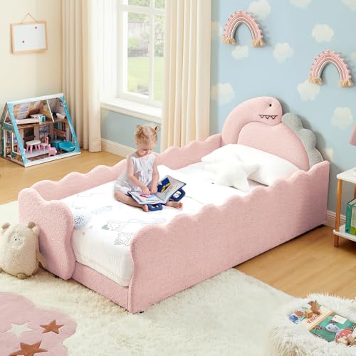 Image of Twin Size Kids Bed with Dinosaur Headboard, Upholstered Boucle Fabric Twin Daybed with Slats Support & Side Pocket, Space-Saving Wooden Corner Sofa Couch Day Bed Frame for Girl, Boy, Teenager(Pink)