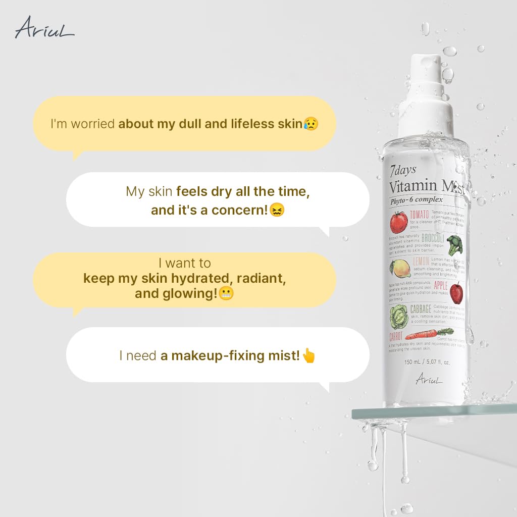 Ariul - Canlandırıcı yüz spreyi, ferahlatıcı sprey, C vitamini, B2, B3 ve B12-7 Days Face Mist, Kore kozmetik