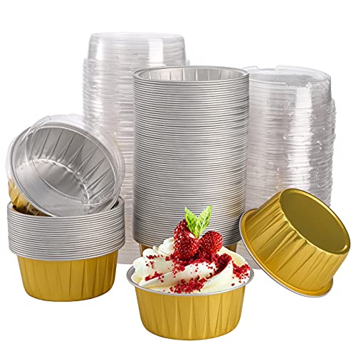 DEAYOU 100-Pack Aluminum Foil Baking Cups with Lids, 5oz Disposable Muffin Cupcake Ramekins, 3