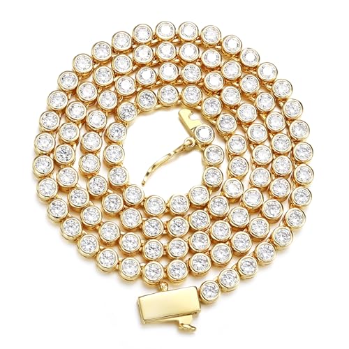 BREN 3mm Bezel Tennis Necklace Yellow Gold Plated 20 inch Chain for Women