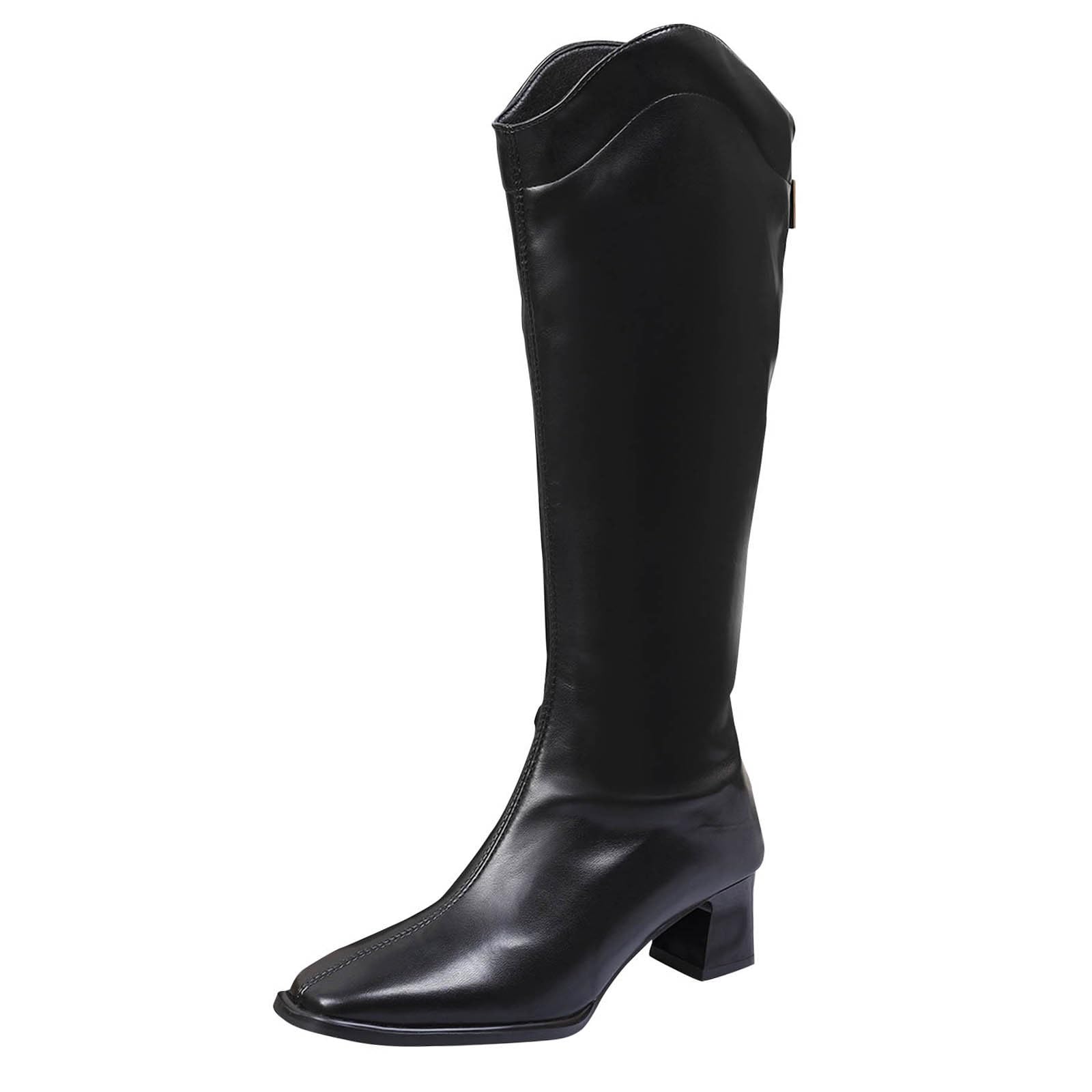 Female Knee-High Boots Straight Design Square Toe Back Zipper Pu Upper Low Heel Winter