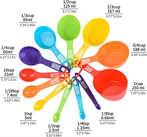 SUNMVEHOT Measuring Cups & Spoons Set 12, Colorful Plastic Set for Kitchen & Baking, Printed US & Metric Letters, Kids