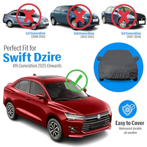 Image of Autofact Car Body Cover Compatible with Maruti Dzire 2025 Onwards | Triple-Stitched, Windproof with Buckle Belt, Elastic Hem, UV Protection, Scratchproof & Dustproof, Soft Feather-Like Fabric
